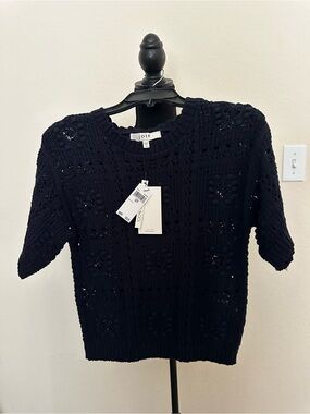100% Cotton Crochet Sweater Joie Navy Openwork Knit Short Sleeve . Size XS. NWT